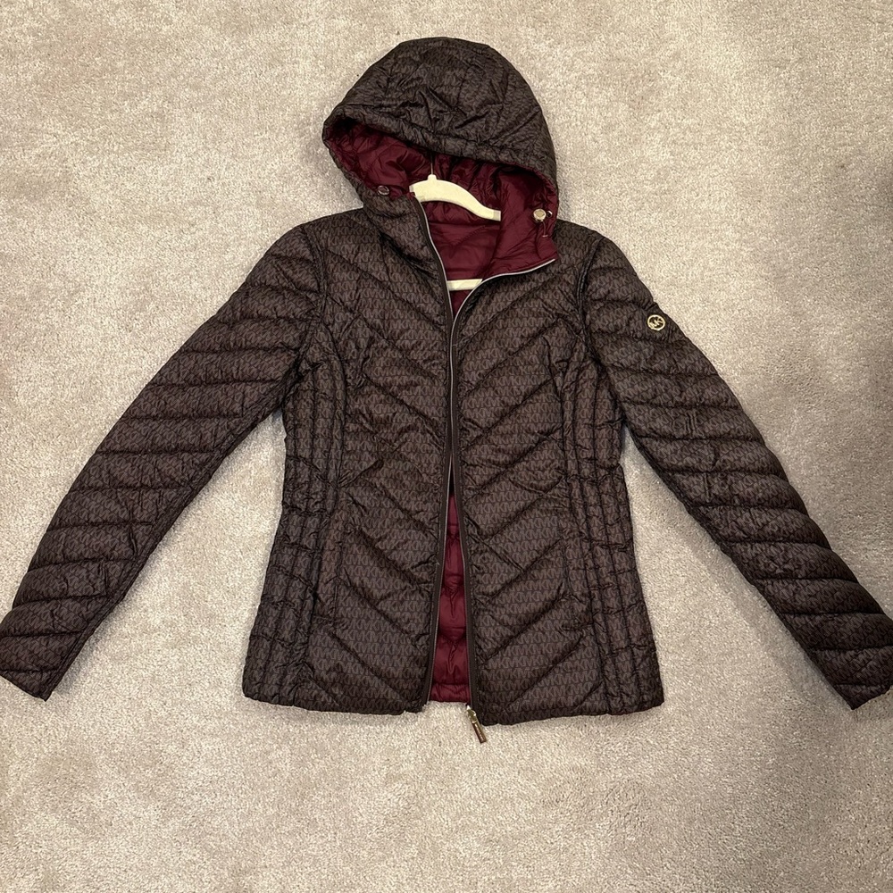 Michael Kors Quilted Puffer Jacket - Black and Burgundy